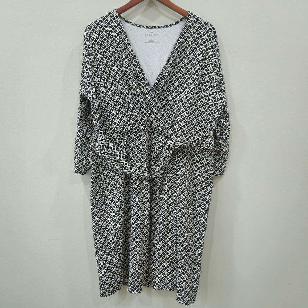 Talbots Women Faux Wrap Dress Plus Size 1X Black White Geometric Stretchy Casual
